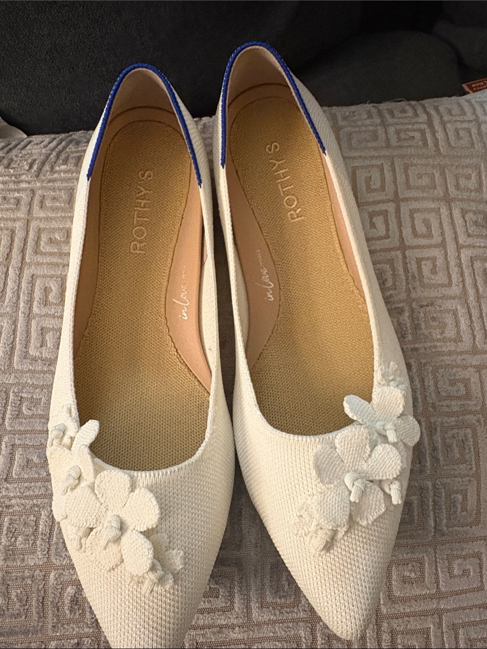 Rothy's White Floral Pointed-Toe Knit Flats with Blue Trim - Picture 10 of 11